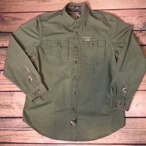 LL Bean Olive green button down with camo detail